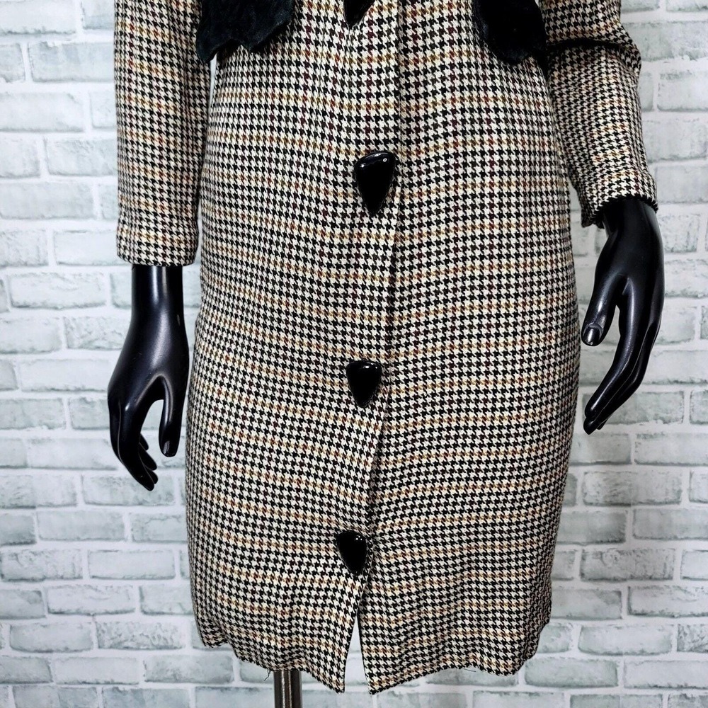 Vintage 80s Cynthia Howie Petite 4 Houndstooth Dress USA Velvet Trim Academia - Picture 3 of 8